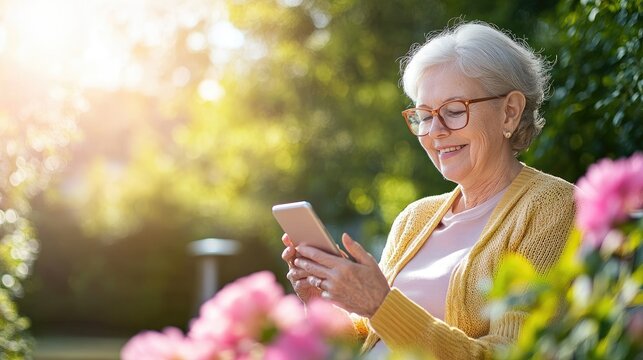 Happy senior woman enjoying a sunny day in the garden while using her smartphone amid blooming flowers. - Powered by Adobe