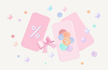 Flying voucher with confetti. Small pieces of paper decoration around a discount coupon. Festive event with reduced interest rates. Pink price sales tag, banner with  advertising. Vector 3d.