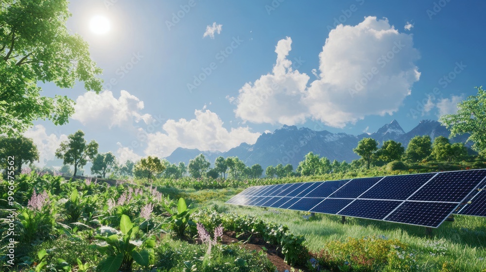 Wall mural A serene landscape featuring solar panels amidst lush greenery and mountains under a bright sky.