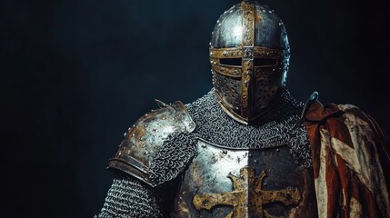 A knight in full armor with a helmet and chainmail on a dark background.