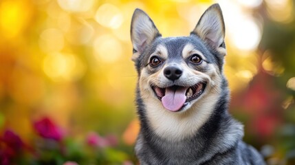 Obraz premium A happy dog with a playful expression in a colorful, blurred outdoor setting.