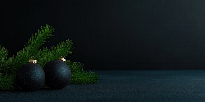 Two festive blue ornaments rest next to a pine branch on a dark background, offering plenty of space for holiday wishes or advertising text