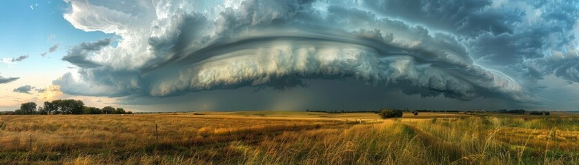 A large storm cloud looms over a field of grass