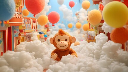 Fototapeta premium Soft Monkey King plush surrounded by floating wool felt balloons and cloud streets lined with shops