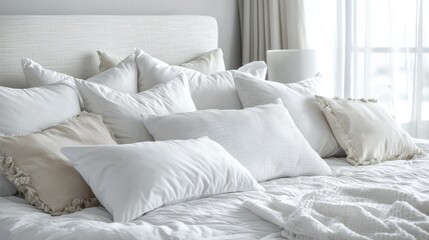 Many soft pillows on bed and bedside table at home
