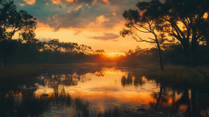 Obraz premium Beautiful orange and blue sky above calm lake, reflecting trees and clouds at dusk