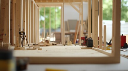 A construction site with wooden framing and tools, showcasing a building in progress.