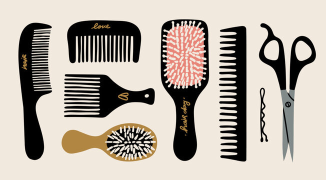 Hair brushes, plastic hair combs, scissors. Hand drawn modern Vector illustration. Hair care, hairdresser accessories, tools, equipment, hair cutting and styling concept. Isolated design elements