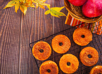 Sweet homemade apple cider donuts with cinnamon sugar on the wooden table. Autumn food.