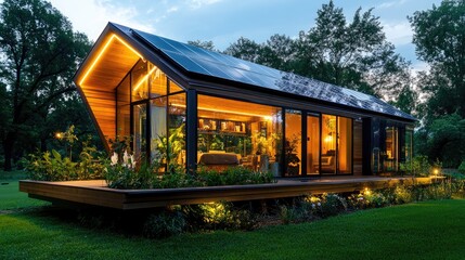 Obraz premium Modern glass house with solar panels, surrounded by nature, showcasing sustainable living and architectural design.