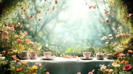 Minimalist background: Vintage-inspired Mad Hatter illustration featuring a tea party, green bottle, and fairy tale mushrooms, designed for whimsical party banners or cards.

