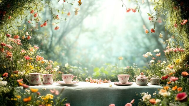 Minimalist background: Vintage-inspired Mad Hatter illustration featuring a tea party, green bottle, and fairy tale mushrooms, designed for whimsical party banners or cards.

