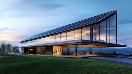 Fototapeta premium Modern house with solar panels, large glass windows, and scenic surroundings, showcasing innovative architectural design at sunset.