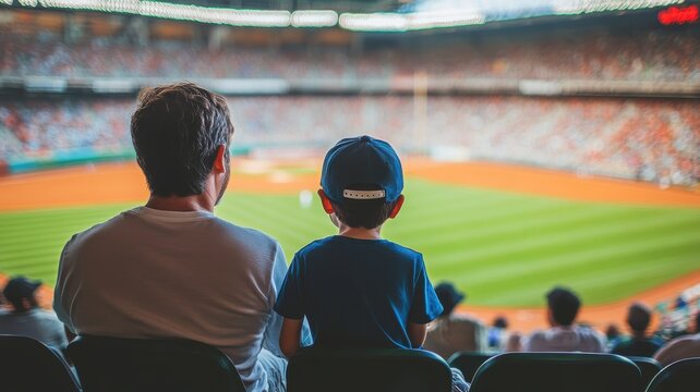 Father and son watching a baseball game in a stadium with a vibrant crowd.