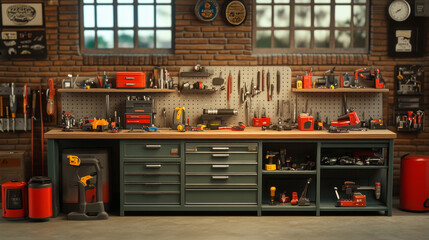 Show a maintenance set in a well-equipped workstation or garage. Include elements like a workbench, tool racks, and additional accessories that complement the maintenance set.