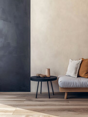 Modern minimalist living room with gray and beige walls featuring a cozy sofa and stylish coffee table