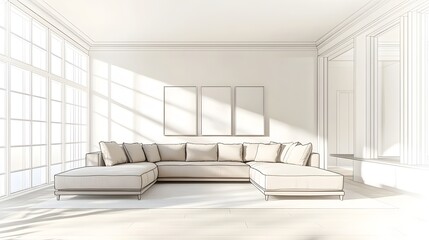 Fototapeta premium A stunning minimalist and sophisticated open concept living room featuring a plush sectional in a neutral tone clean lined architectural details and carefully curated color highlights