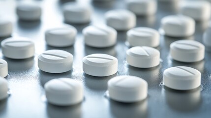 Close up of white tablets on a metallic surface highlighting issues related to substance misuse High quality image