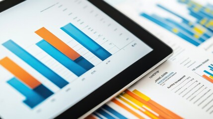 A tablet displaying colorful bar graphs alongside printed reports for data analysis.