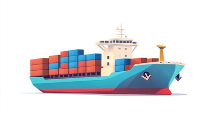 A blue cargo ship with red and blue shipping containers on its deck, isolated on white.