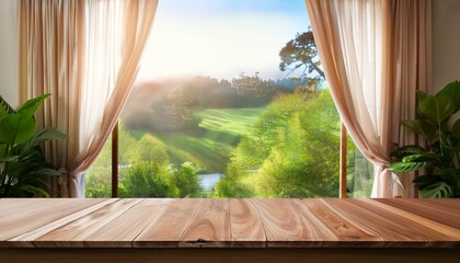 Wood kitchen tabletop on window background with white curtain. Empty countertop mockup for home, food and beauty products presentation. Clean podium with falling sunlight for advertisement design
