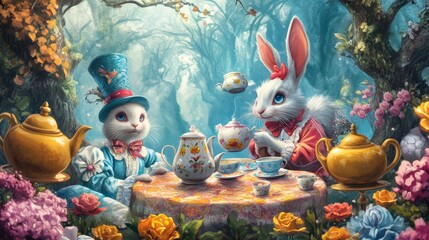 Minimalist background: Vintage-inspired Mad Hatter illustration featuring a tea party, green bottle, and fairy tale mushrooms, designed for whimsical party banners or cards.

