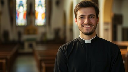 Young Protestant Minister Smiling in Church for Sunday Service, Religious Leadership Portrait