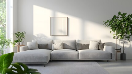Fototapeta premium Cozy and inviting modern living room with a large comfortable sectional sofa and minimalist stylish decor the bright walls and natural light creating a warm welcoming atmosphere