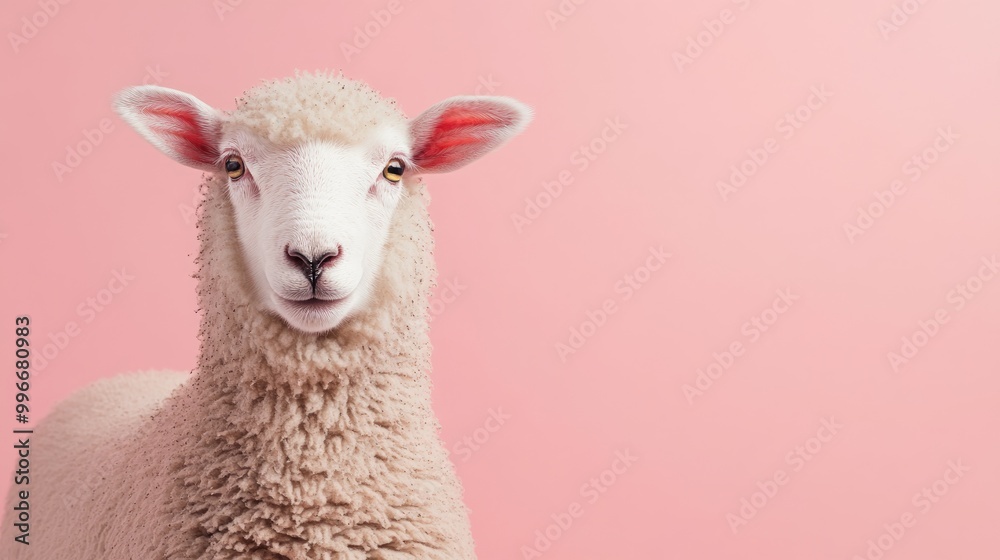 Wall mural close up of a sheep s head against a pastel pink backdrop adorable and humorous farm animal image id