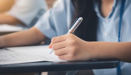 Obraz premium Student hand writing on paper with pen in an exam hall room. Generated image