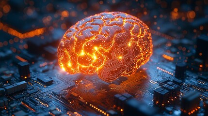 A wireframe brain glowing with orange light, placed on a blue motherboard with intricate circuitry representing AI