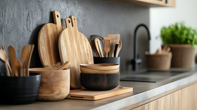 A kitchen counter with wooden cutting boards, bowls, and utensils. There are also plants in the background.