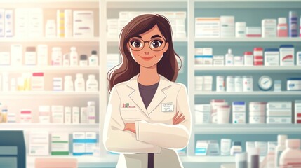 A female pharmacist stands with her arms crossed in front of a wall of shelves filled with pharmacy products.