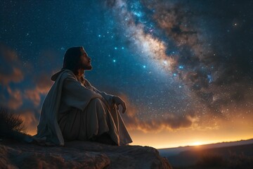 Jesus, sitting on a rock in the wilderness, gazing up at the night sky filled with stars