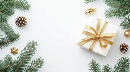Christmas flat lay arrangement featuring a gift box adorned with a golden bow set against a clean white table background with ample copy space
