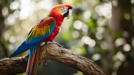 Obraz premium Show a parrot perched on a branch or natural perch, with a focus on its posture and surroundings. Include details like the texture of the bark, surrounding foliage, and the parrots relaxed demeanor.