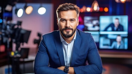 Fototapeta premium Professional male presenter in a suit, exuding confidence in a vibrant studio with television screens in the background.