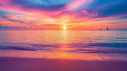 Naklejka premium A stunning sunset paints the sky, mirrored on calm waters with silhouettes of sailboats—pure tranquility.