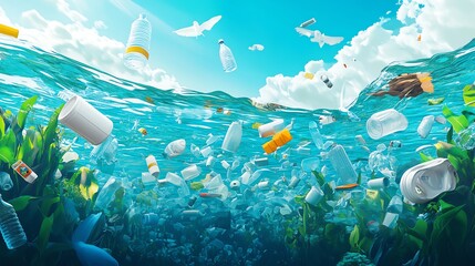 Naklejka premium A vibrant underwater scene showing plastic waste among aquatic plants, highlighting ocean pollution and its environmental impact.
