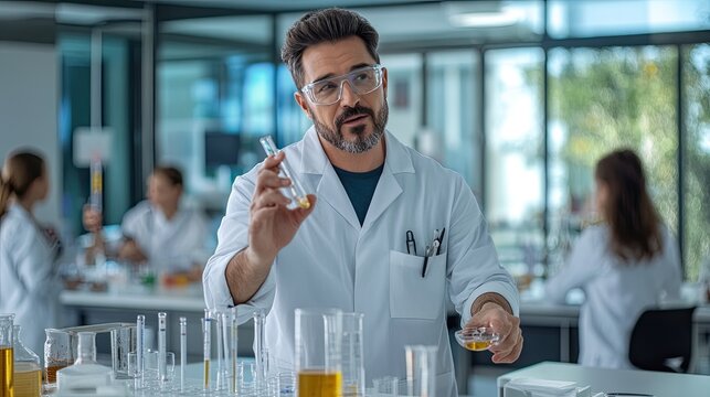 Scientist conducting experiments in a modern laboratory, demonstrating chemical reactions with various liquids.
