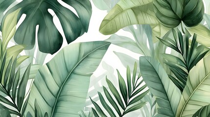 Wild jungle plants in watercolor, with large leaves and bold green shades