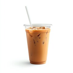 Iced coffee in a plastic cup with a straw, white isolate background