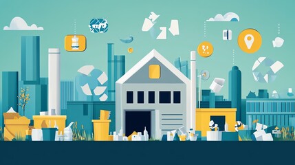 Obraz premium Colorful illustration of an industrial recycling facility with various containers and recycling icons in a modern urban setting.