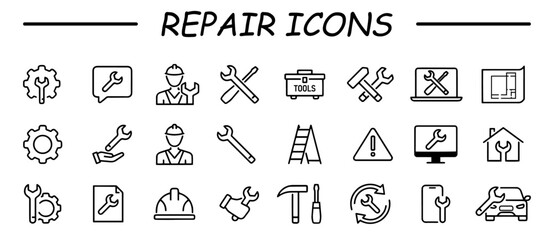 Naklejka premium Set of icons related to repair, maintenance, construction. Line icon collection. Vector illustration