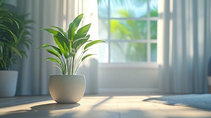 A light filled interior featuring a potted plant near a window ideal for fostering a calming ambiance in any environment