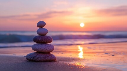 Balanced Stones on a Tranquil Beach at Sunset Emphasizing Mindfulness and Spiritual Reflection