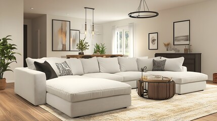 Fototapeta premium Beautifully Designed Contemporary Living Room with Comfortable Sectional Sofa Warm Color Palette and Blend of Modern and Vintage Decor Elements Exuding a Welcoming Ambiance