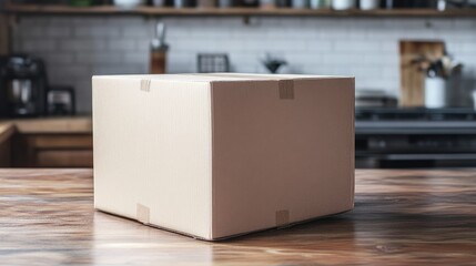 A large unopened cardboard box placed on a wooden table in a contemporary kitchen environment