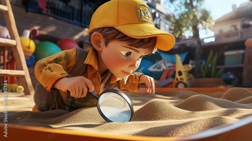 Sticker A young boy exploring a sandbox with a magnifying glass, immersed in play and discovery.