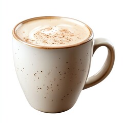 Fototapeta premium A hot cup of coffee with foam on top in a ceramic mug, white isolated background.